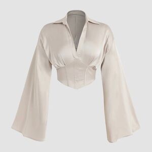 Satin Bell Sleeve Corset Crop Top beige